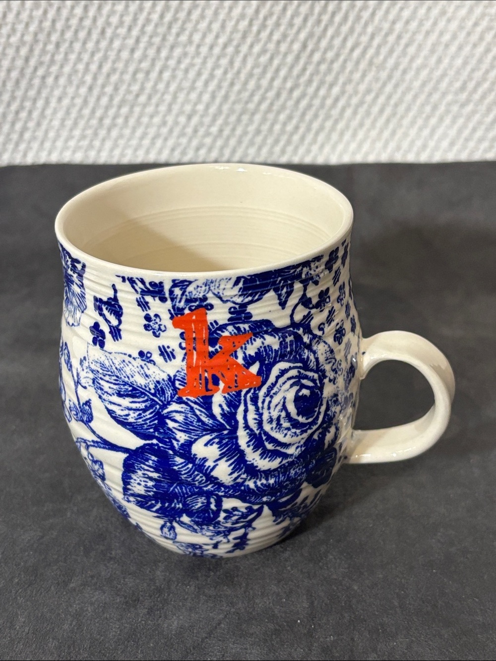 ANTHROPOLOGIE Blue Floral Ceramic Mug with Monogram K